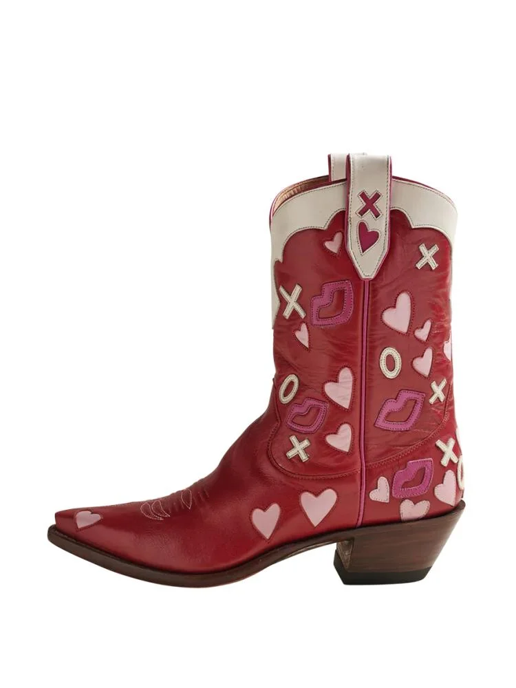 Pink Heart Lips Stitch Slanted Heel Snip Toe Western Mid Calf Boots