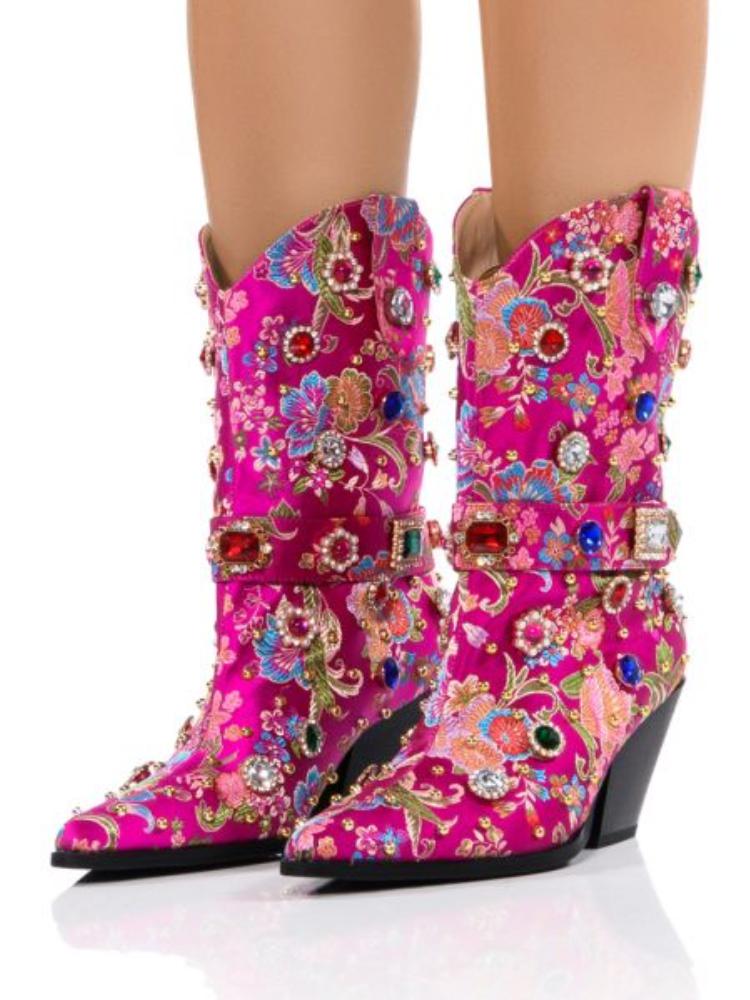 Metallic Hot Pink Satin Floral Embroidery Rhinestone Mid Calf Cowgirl Boots With Ankle Strap