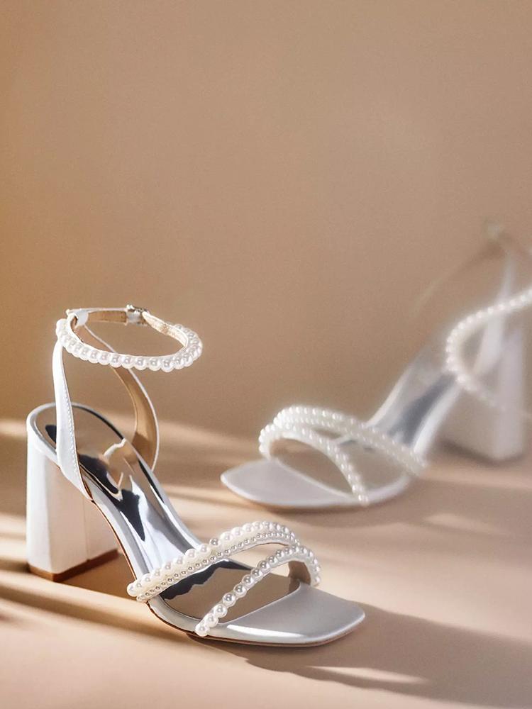 White Satin Pearl Strappy Square Chunky Heel Wedding Sandals With Buckle Ankle Strap