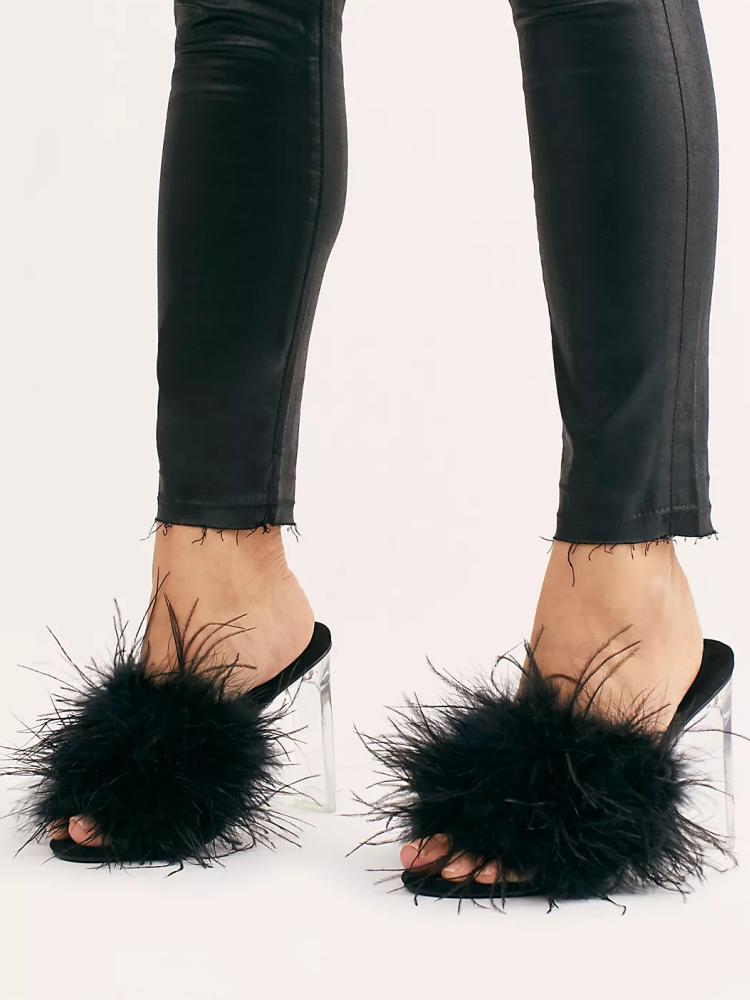 Fluffy Feather Round Toe Backless Slip-On Clear Heeled Sandals In Black Lilac Nude
