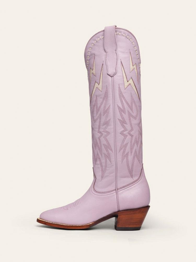 Lilac Purple Inlay Lightning Stitch Knee High Boots Slip-On Round Cowgirl Heeled Boots