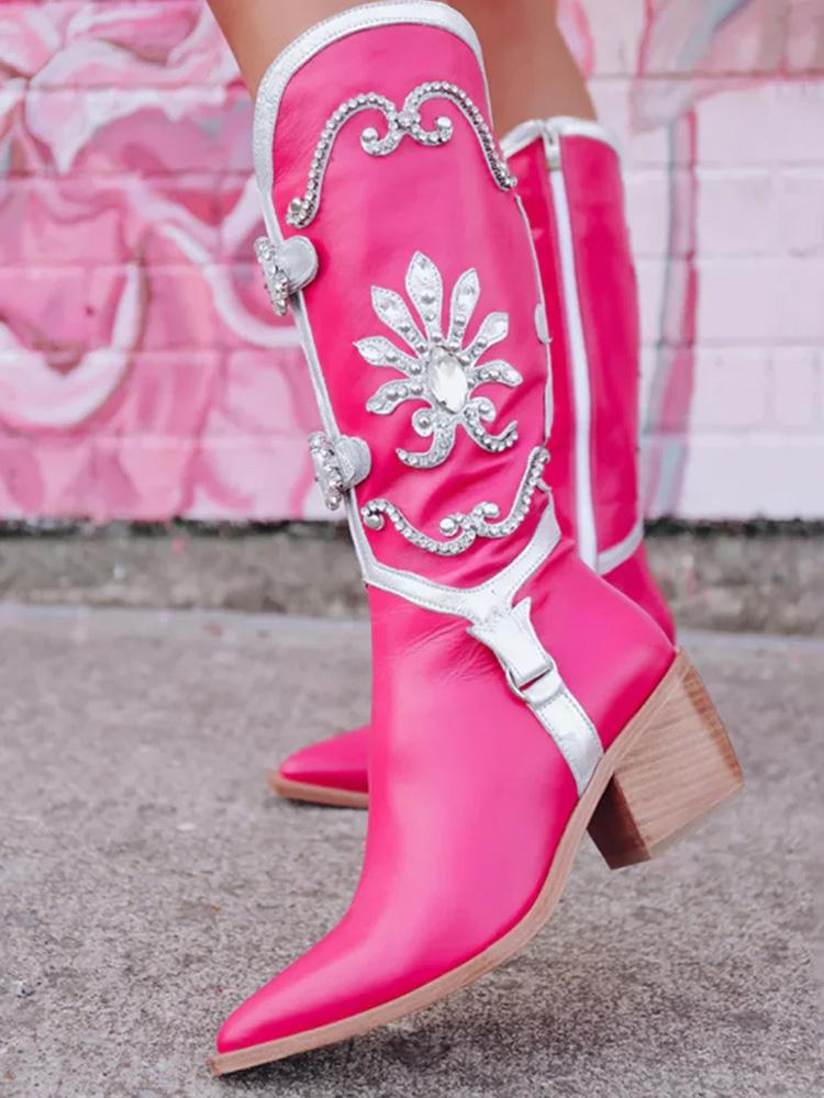 Pink Pointed Toe Leather Booties Rhinestone Flower Chunky Heel Boots