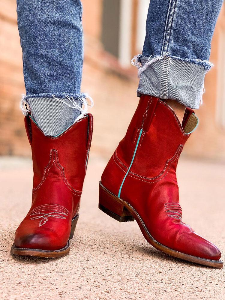 Red Cowgirl BootsEmbroidered Round Slip On Ankle Western Boots