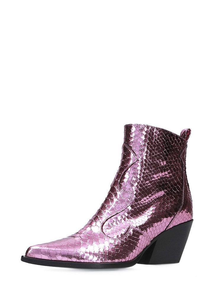 Metallic Pink Snakeskin Zipper Pointy Slanted Heeled Western Ankle Boots