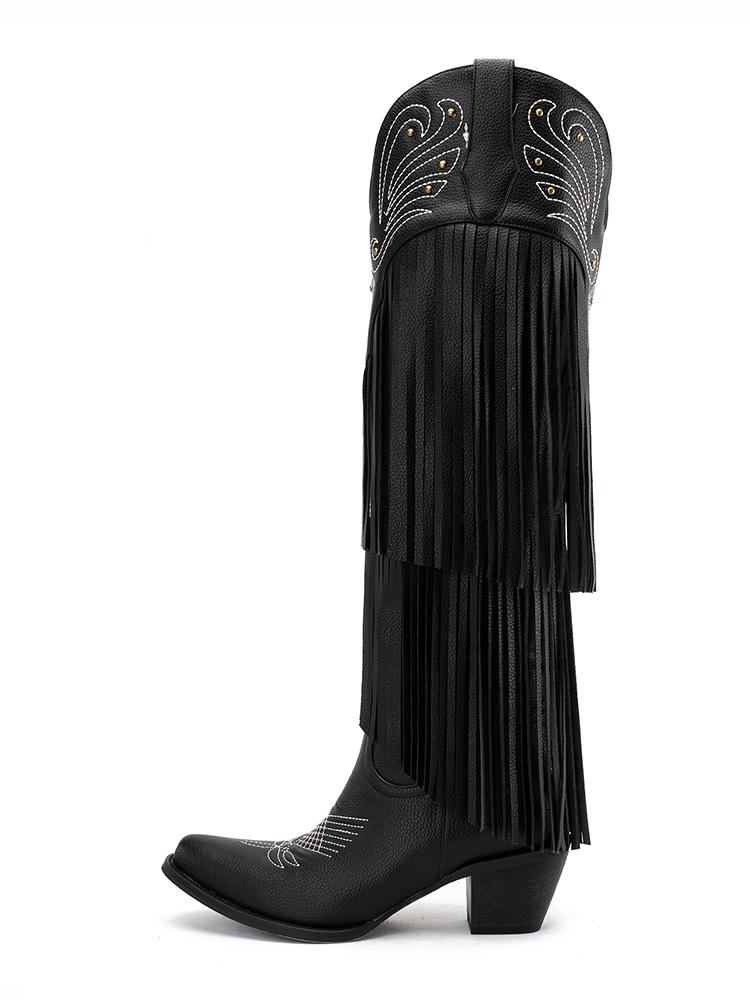 Black Fringe Stud Embroidered Knee High Western Boots With Snip Toe Zipper