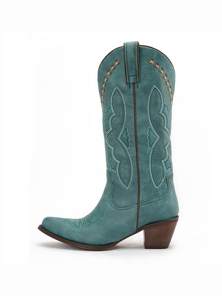 Turquoise Embroidered Cowgirl Wide Mid Calf Boots Block Heeled Western Boots