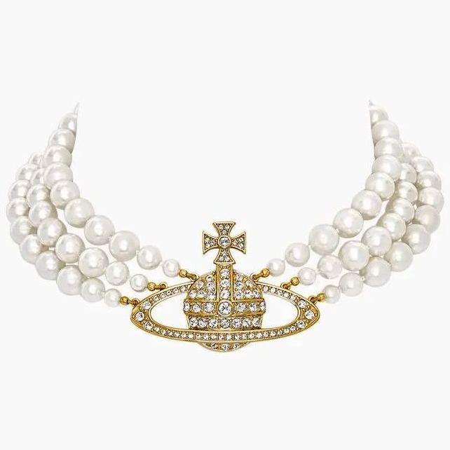 Classic triple plane Saturn pearl necklace