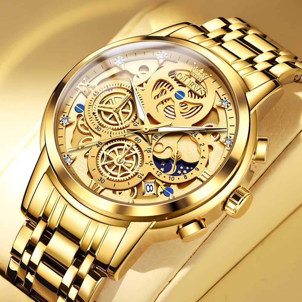 OLEVS Original Watch for Men Luxury Gold Skeleton Analog Quartz Date Chronograph Wristwatch Stainless Steel Waterproof Luminous