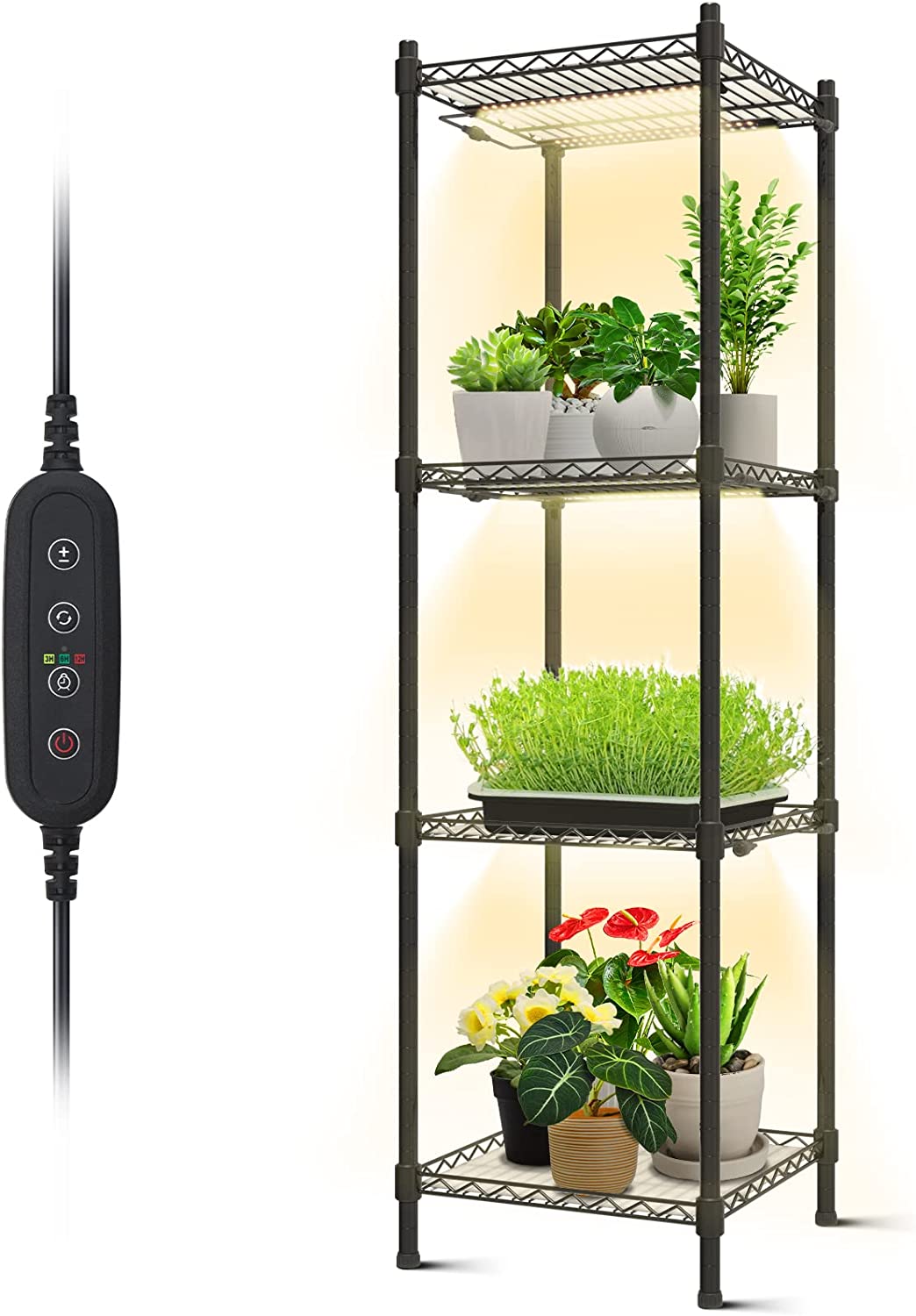 Bstrip Plant Shelf with Grow Light , 4-Tier Grow Light Shelf with 60W Full Spectrum Grow Light , Plant Stand with Grow Light for Indoor Plants , Seed Starting , Seedlings(13.8" L x 13.8" W x 47.3" H)