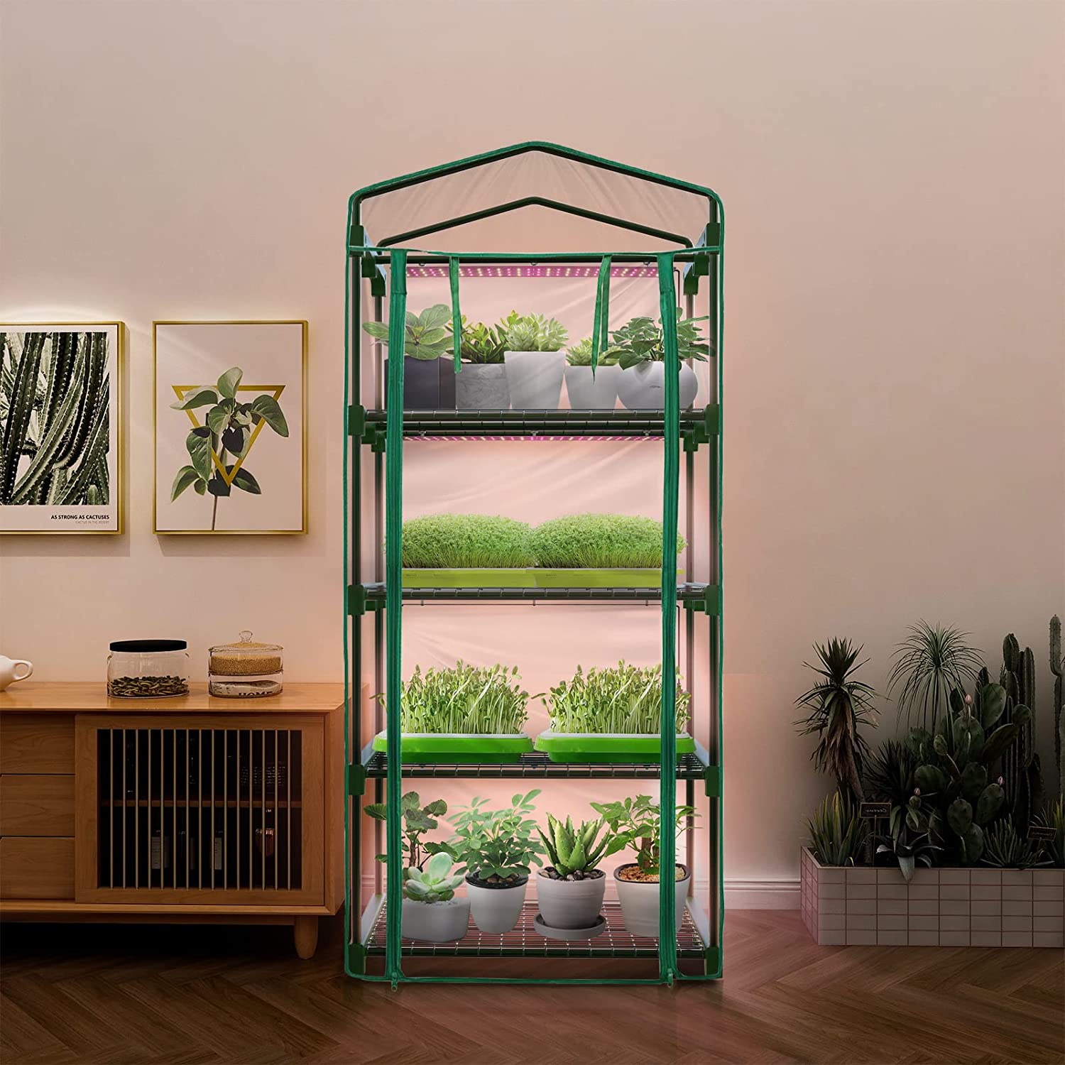Bstrip Mini Greenhouse with Grow Light , 4 Tier 27.2" L×19.9" W×61.8" H Portable Greenhouse with Zippered PVC Cover for Seed Starting Trays , Dimmable 2ft 60W Plant Light for Indoor Plant with Timer