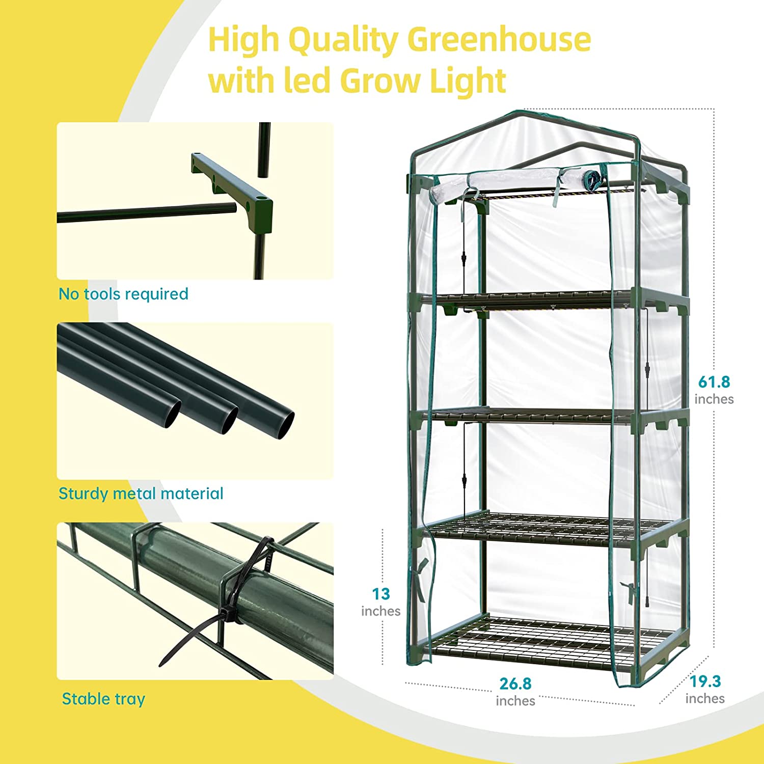 Bstrip Mini Greenhouse with Grow Light , 4 Tier 27.2" L×19.9" W×61.8" H Portable Greenhouse with Zippered PVC Cover for Seed Starting Trays , Dimmable 2ft 60W Plant Light for Indoor Plant with Timer
