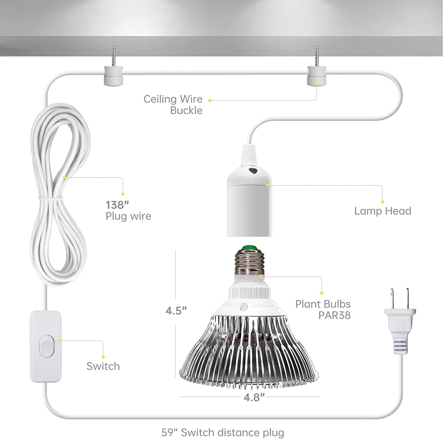 Bstrip LED Grow Light Bulb for Indoor Plants with Hanging System, 25W Full Spectrum, Plant Light Bulbs with 16.4FT Power Cord, Pendant Grow Lights for Indoor Plants, Flowers, Garden, Greenhouse
