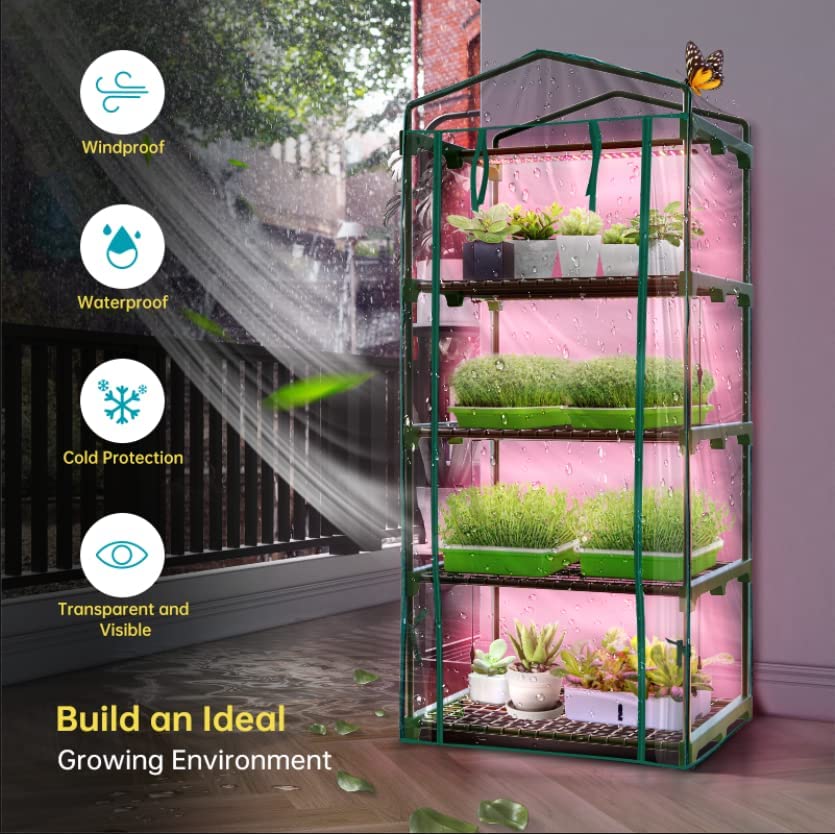 Bstrip Mini Greenhouse with Grow Light , 4 Tier 27.2" L×19.9" W×61.8" H Portable Greenhouse with Zippered PVC Cover for Seed Starting Trays , Dimmable 2ft 60W Plant Light for Indoor Plant with Timer
