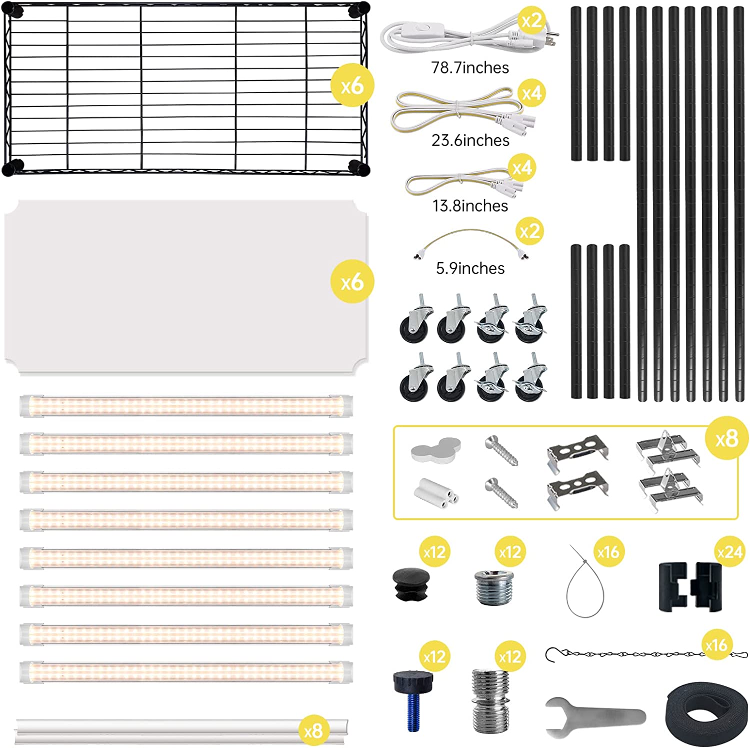 Bstrip DIY Plant Shelf with Grow Light, Grow Light Shelf with Adjustable Rack and Wheels, 8-Pack 192W T8 Full Spectrum Grow Lights for Seed Starting, Arbitrarily Assembled Plant Stand