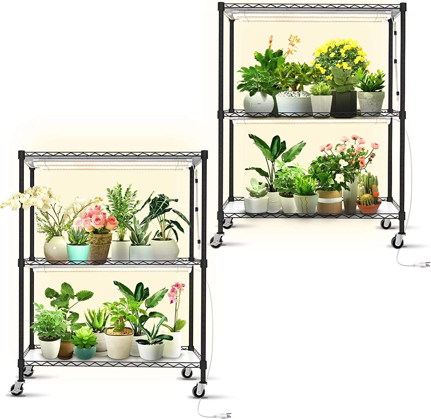 Bstrip DIY Plant Shelf with Grow Light, Grow Light Shelf with Adjustable Rack and Wheels, 8-Pack 192W T8 Full Spectrum Grow Lights for Seed Starting, Arbitrarily Assembled Plant Stand