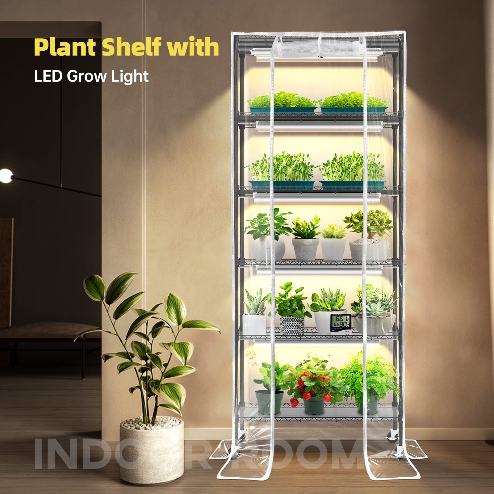 Bstrip Plant Shelf with Grow Light ,Grow Light Shelf with Cover and Thermometer, 6 Tier Plant Stand with Grow Light , Greenhouse with 150W Led Grow Light For Seed Starting , tray (29.5"L×13.8"W×70"H )