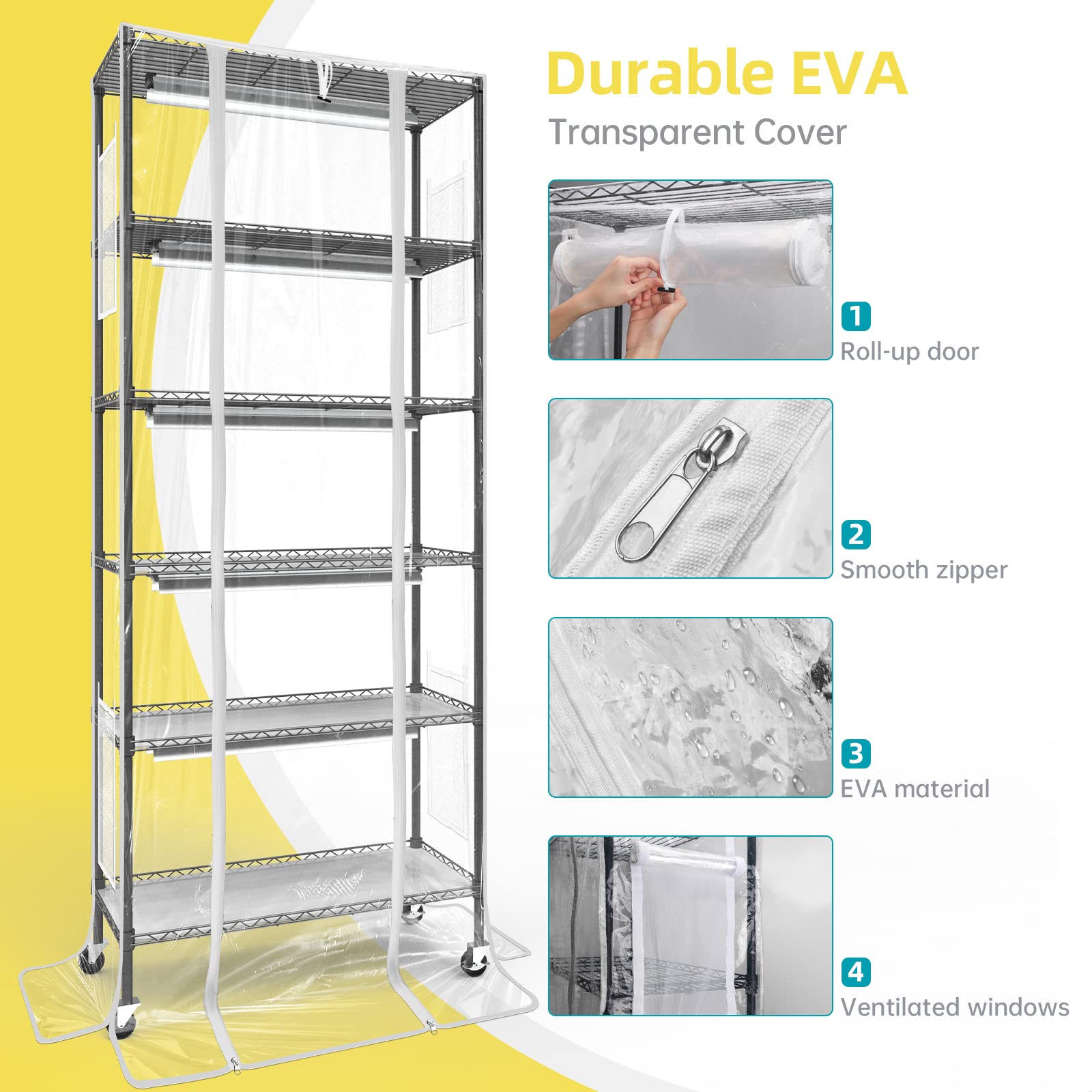 Bstrip Plant Shelf with Grow Light ,Grow Light Shelf with Cover and Thermometer, 6 Tier Plant Stand with Grow Light , Greenhouse with 150W Led Grow Light For Seed Starting , tray (29.5"L×13.8"W×70"H )
