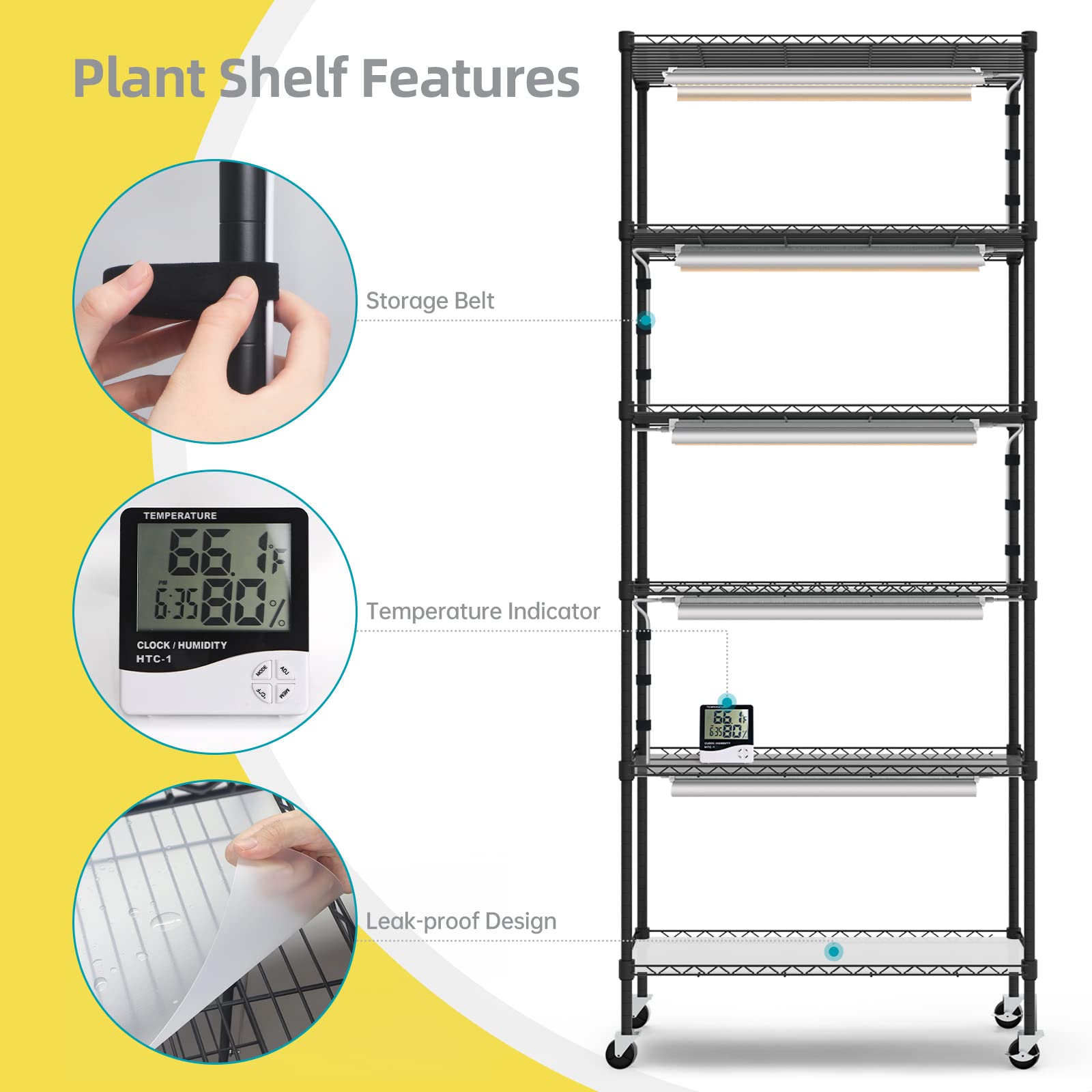 Bstrip Plant Shelf with Grow Light ,Grow Light Shelf with Cover and Thermometer, 6 Tier Plant Stand with Grow Light , Greenhouse with 150W Led Grow Light For Seed Starting , tray (29.5"L×13.8"W×70"H )