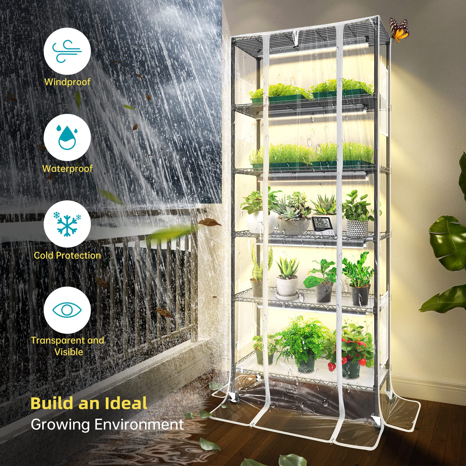 Bstrip Plant Shelf with Grow Light ,Grow Light Shelf with Cover and Thermometer, 6 Tier Plant Stand with Grow Light , Greenhouse with 150W Led Grow Light For Seed Starting , tray (29.5"L×13.8"W×70"H )