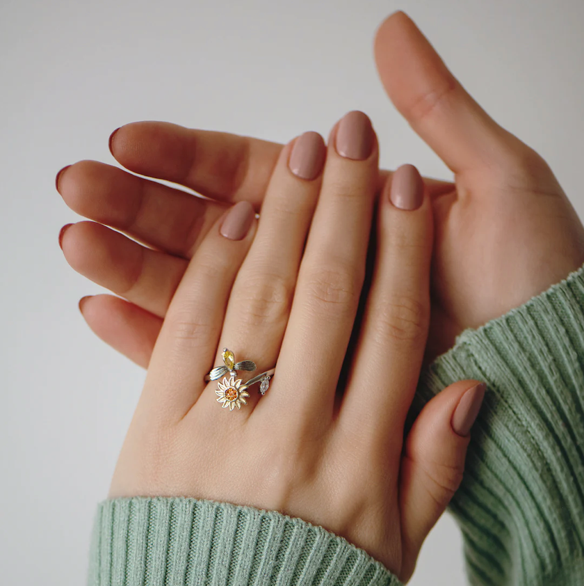 Anillo antiestrés de girasol, anillo ajustable, anillo inicial, anillos  para mujer, regalo para ella