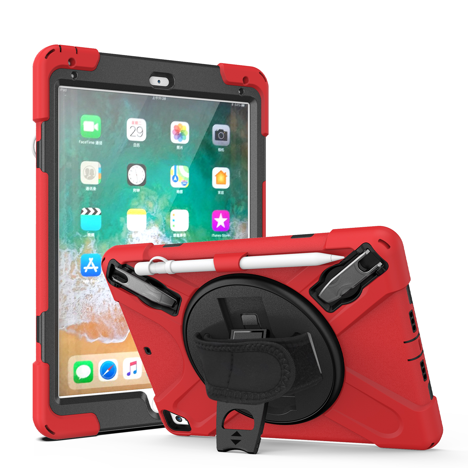 360 Rotation Stand and Hand Strap Three Layer Heavy Duty Protection Tablet Case for iPad 9.7” With Pencil Holder