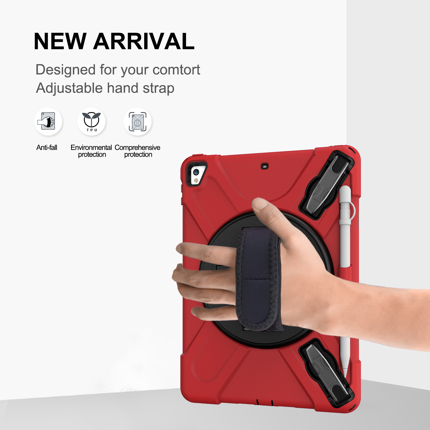 360 Rotation Stand and Hand Strap Three Layer Heavy Duty Protection Tablet Case for iPad 9.7” With Pencil Holder
