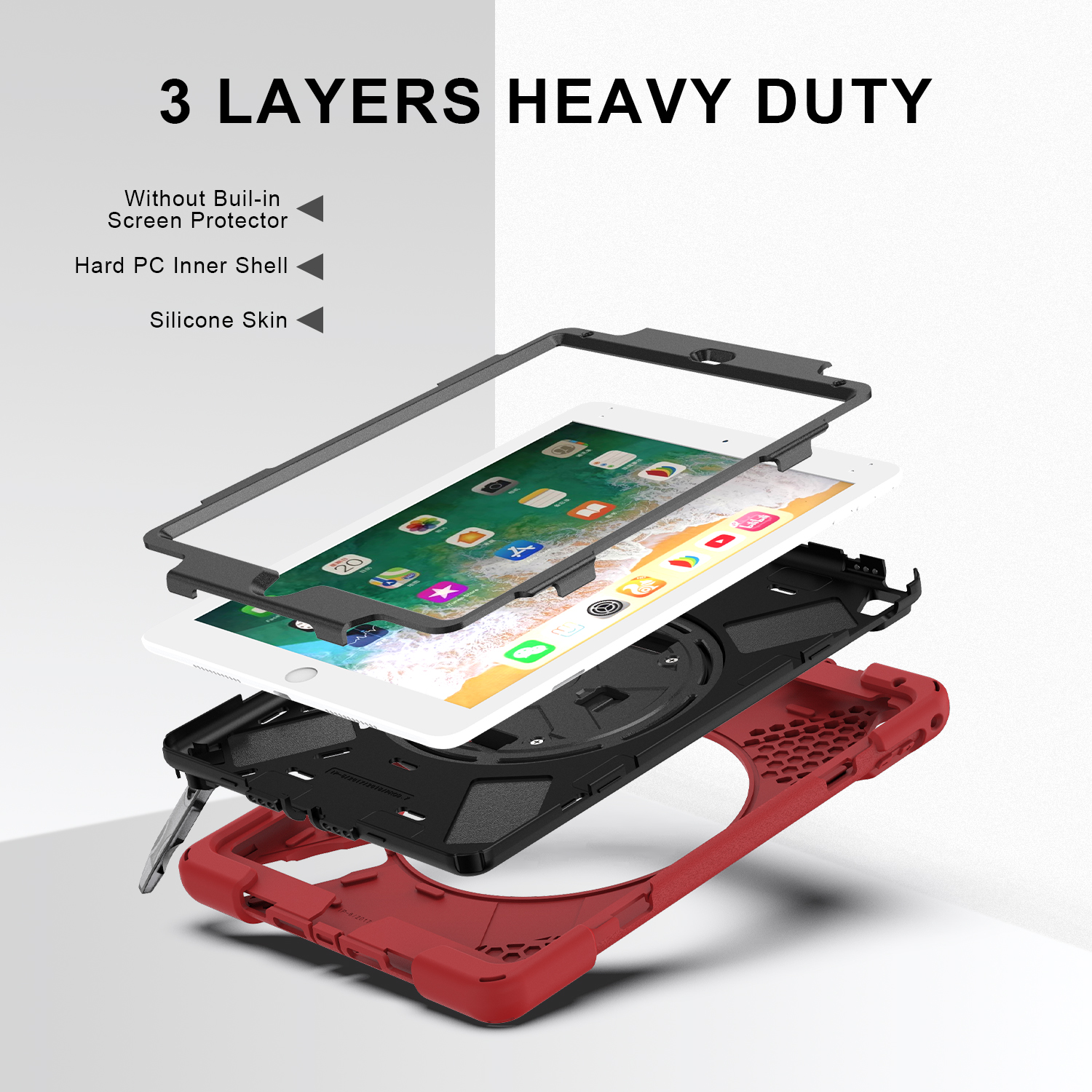 360 Rotation Stand and Hand Strap Three Layer Heavy Duty Protection Tablet Case for iPad 9.7” With Pencil Holder