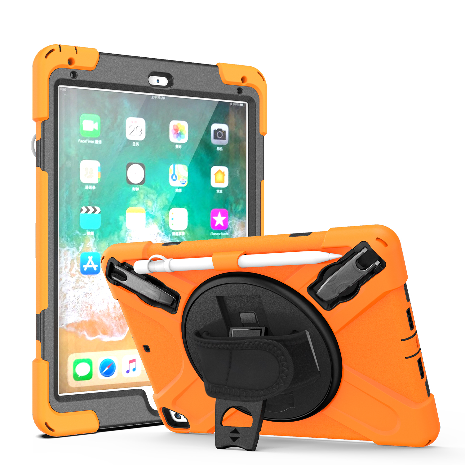 360 Rotation Stand and Hand Strap Three Layer Heavy Duty Protection Tablet Case for iPad 9.7” With Pencil Holder