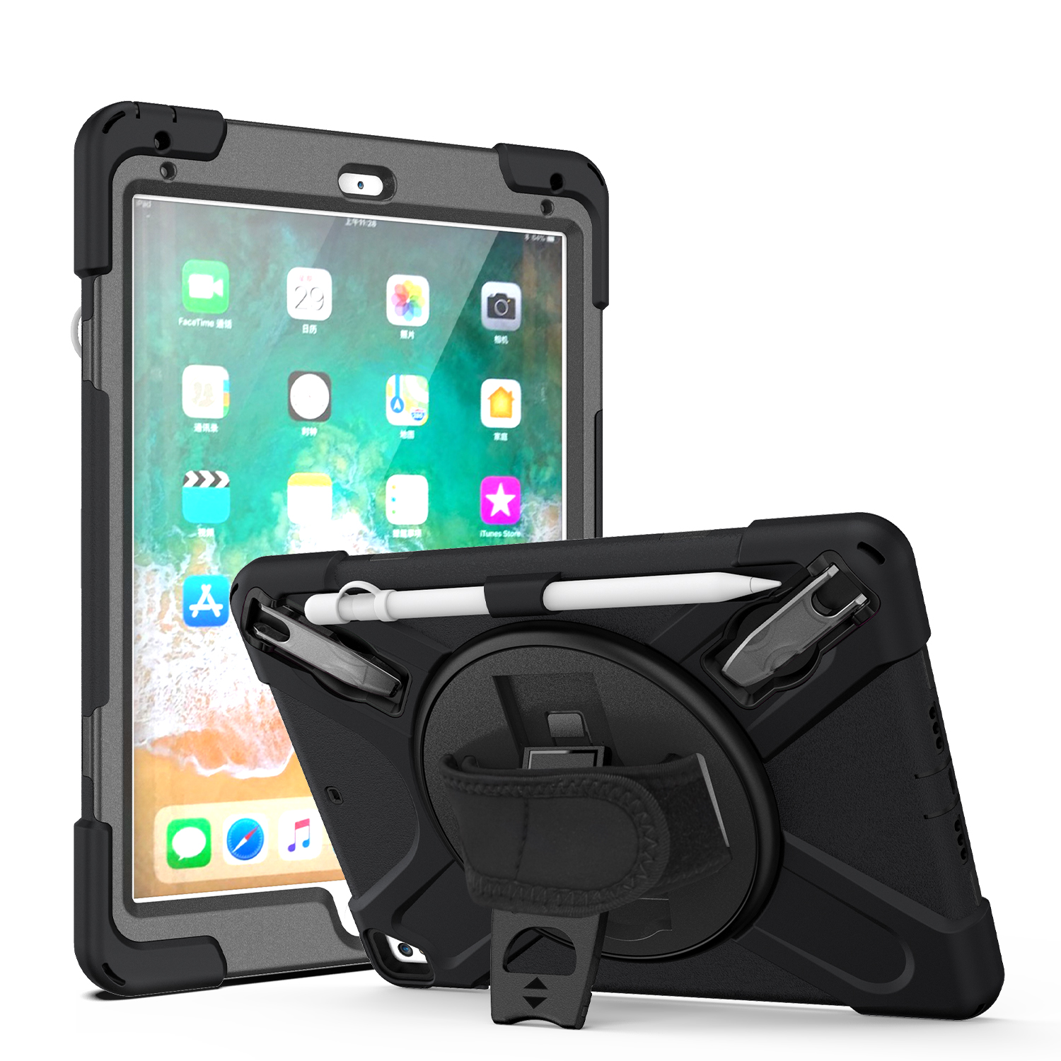 360 Rotation Stand and Hand Strap Three Layer Heavy Duty Protection Tablet Case for iPad 9.7” With Pencil Holder