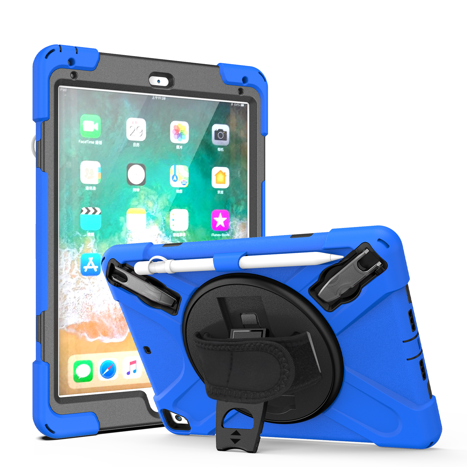 360 Rotation Stand and Hand Strap Three Layer Heavy Duty Protection Tablet Case for iPad 9.7” With Pencil Holder