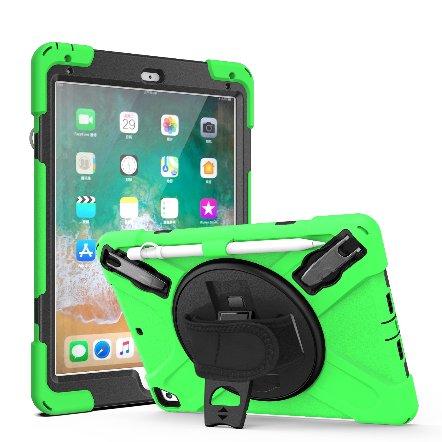 360 Rotation Stand and Hand Strap Three Layer Heavy Duty Protection Tablet Case for iPad 9.7” With Pencil Holder