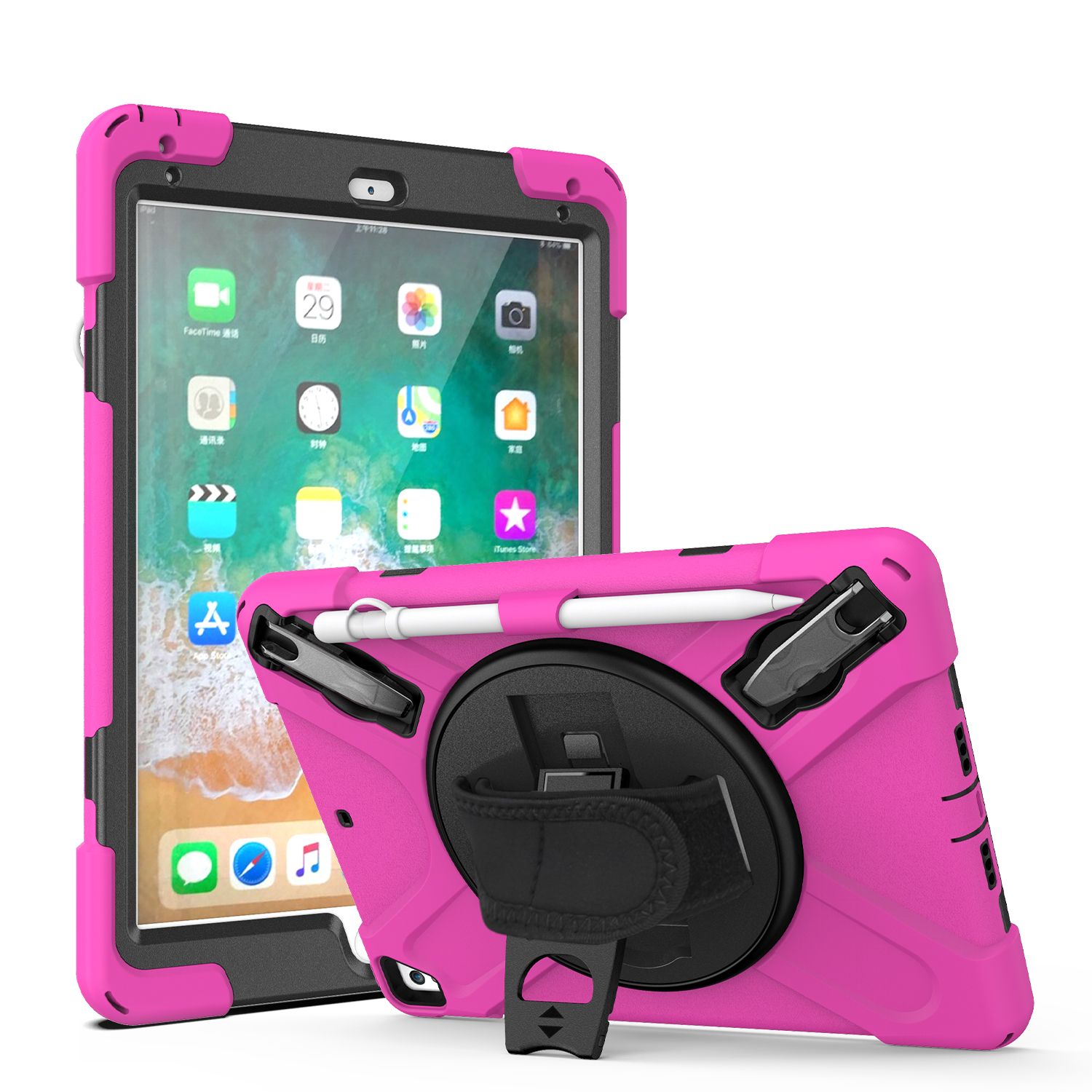 360 Rotation Stand and Hand Strap Three Layer Heavy Duty Protection Tablet Case for iPad 9.7” With Pencil Holder