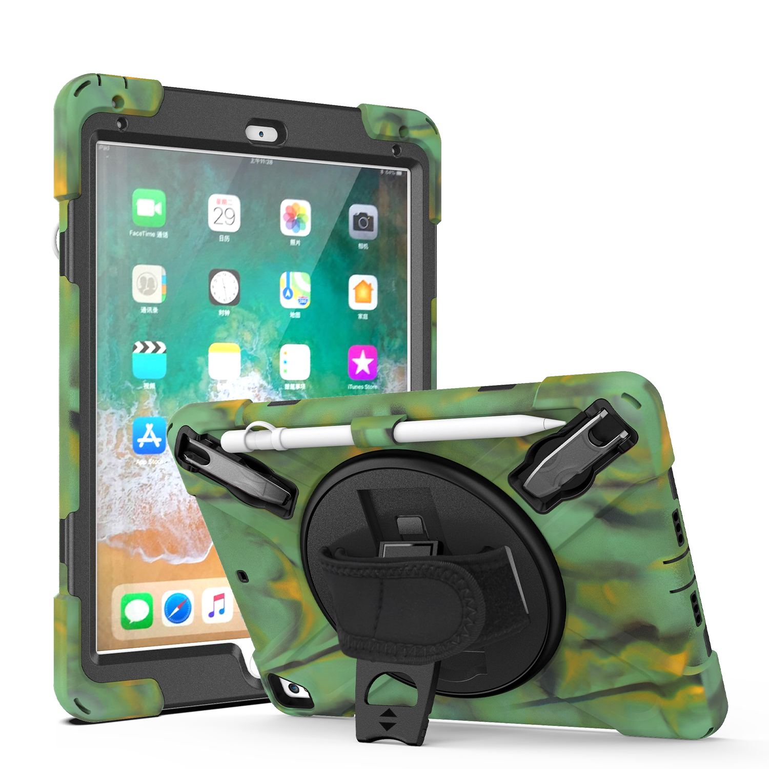 360 Rotation Stand and Hand Strap Three Layer Heavy Duty Protection Tablet Case for iPad 9.7” With Pencil Holder