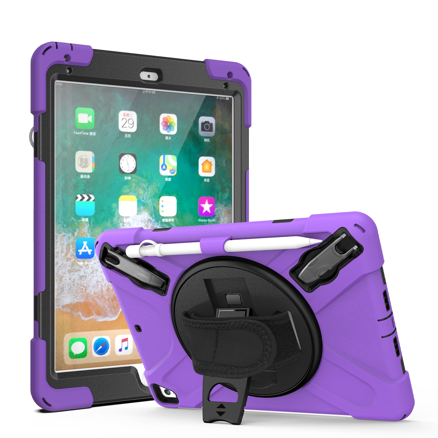 360 Rotation Stand and Hand Strap Three Layer Heavy Duty Protection Tablet Case for iPad 9.7” With Pencil Holder