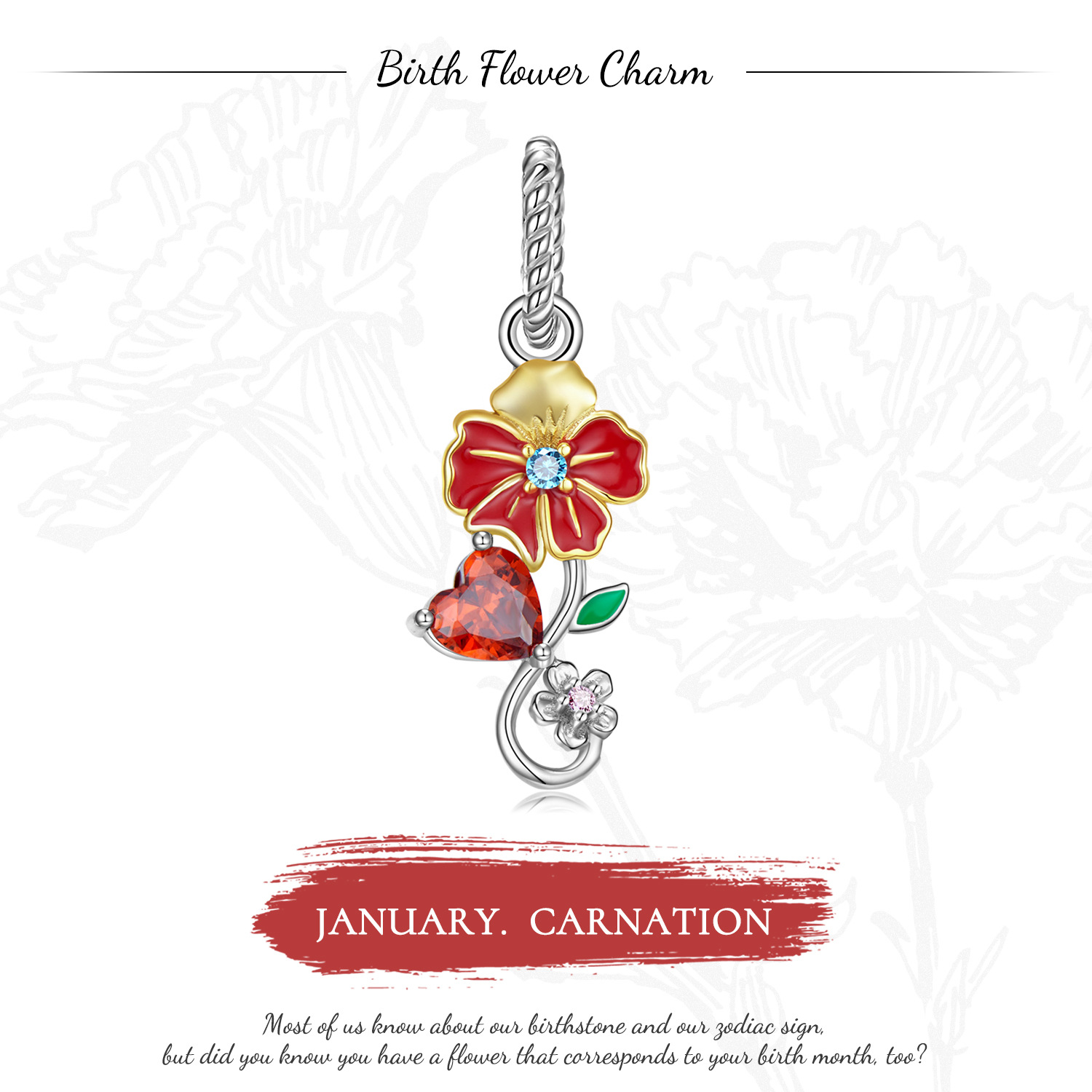 Jan.Carnation Pendant Birthday Flower Charm -isyoujewelry