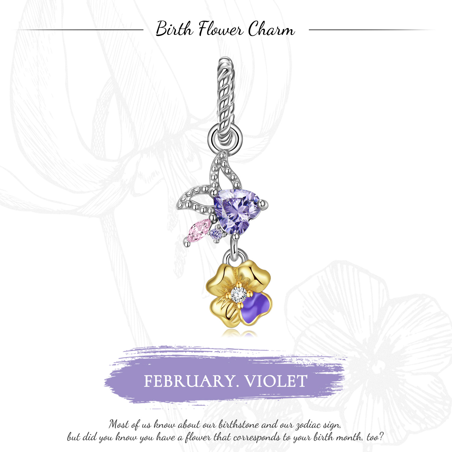 Feb.Violet Pendant Birthday Flower Charm -isyoujewelry
