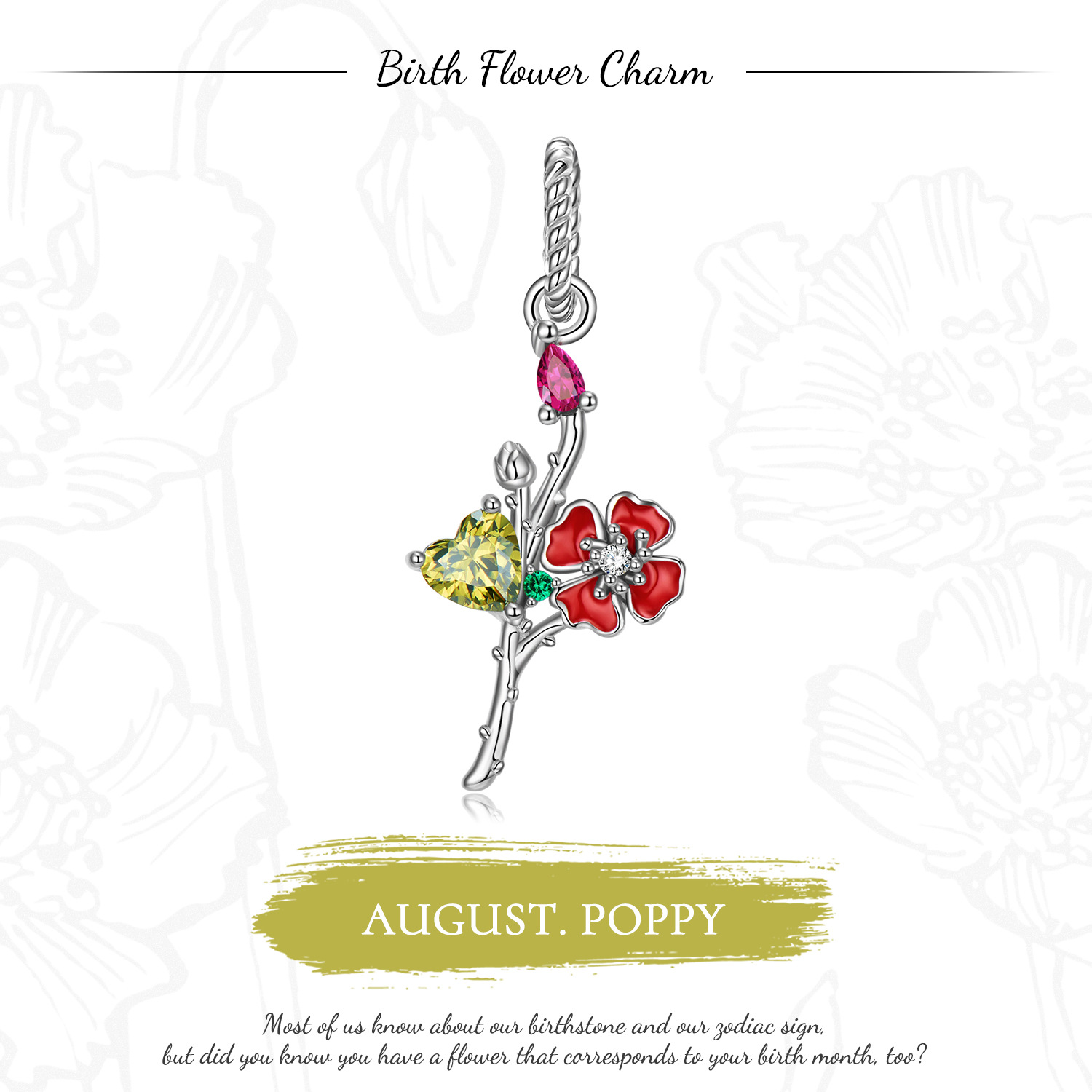 Aug.Poppy Pendant Birthday Flower Charm -isyoujewelry