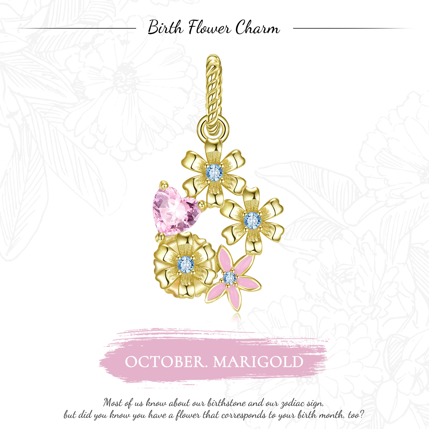 Oct.Marigold Pendant Birthday Flower Charm -isyoujewelry
