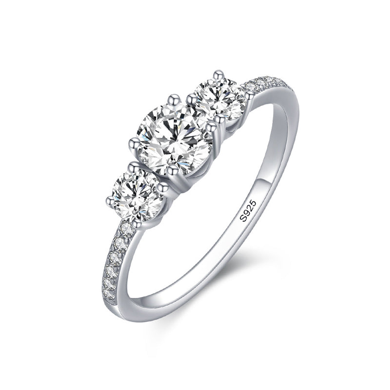 Round Shape Three Stone Zirconia Sterling Silver Ring IsyouJewelry