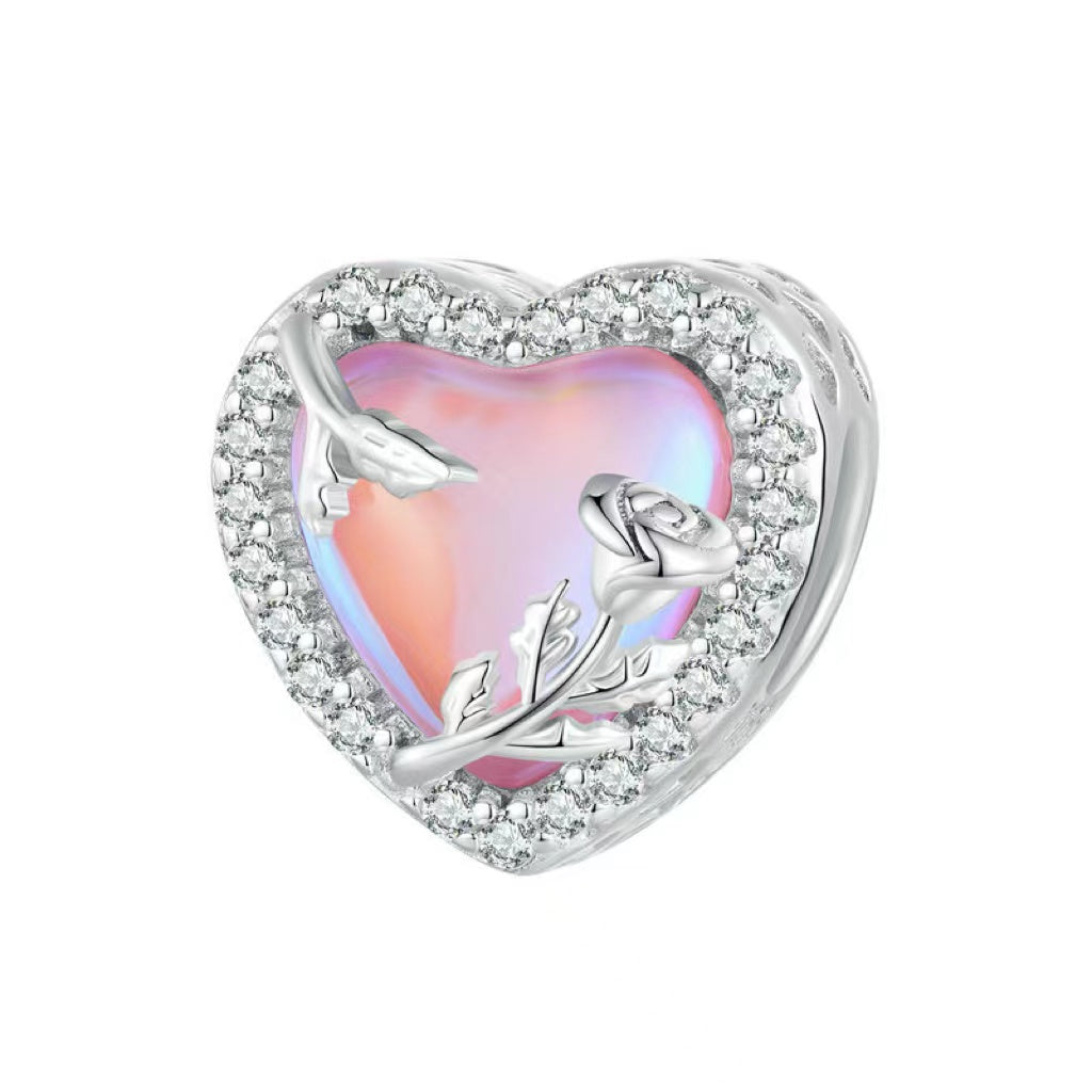 Heart-shaped Pink Glass Rose Charm IsyouJewelry