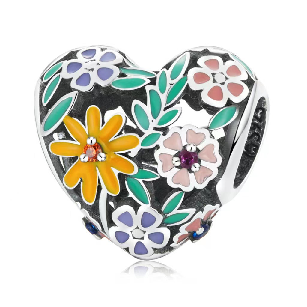 Zircon Flower Heart Bead Charm-isyoujewelry