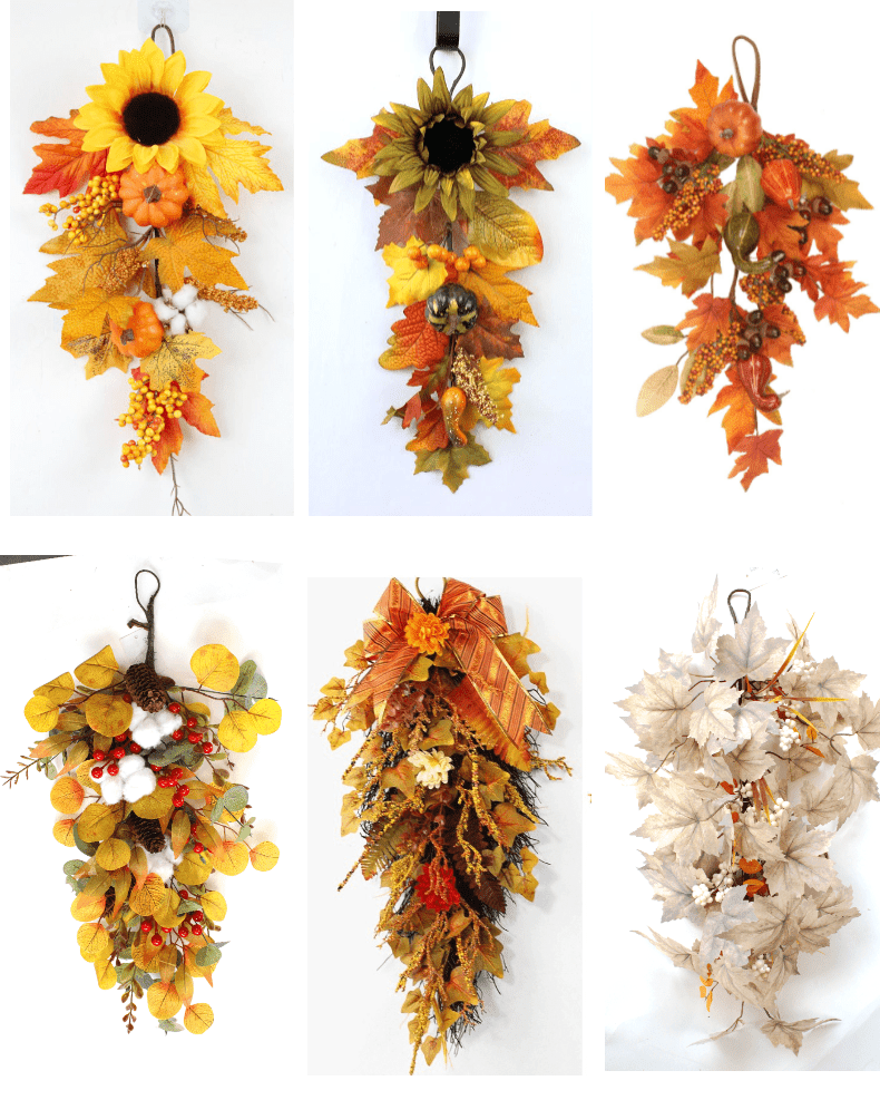 Handmade Swag Maple Leaf Teardrop Fall Swag, Autumn Decoration, Foliage Decoration, Arrangement for Fall, Autumn Door Swag, Fall Swag, Front Door Swag, Thanksgiving Swag, Peony/Berry/Pumpkin/Sunflower Swag, Berry Autumn Wreath and Garland Bu (No.QD003/70)