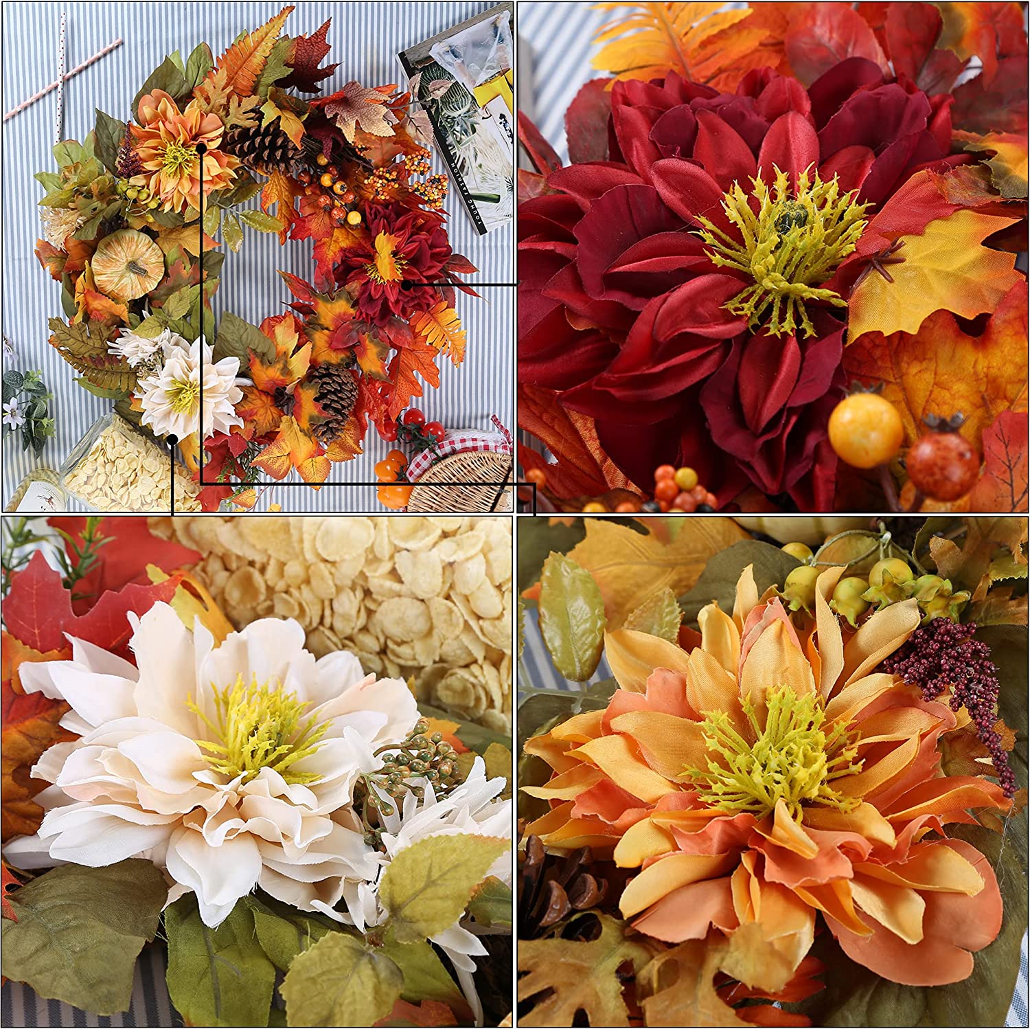 Fall Wreath, Front Door Wreath, Wreath for Fall, Autumn Wreath, Thanksgiving Wreath, Autumn Door Wreath,, Peony/Berry/Pumpkin/Sunflower Wreath, Berry Autumn Wreath and Garland Bundle.(No.QH376/60)