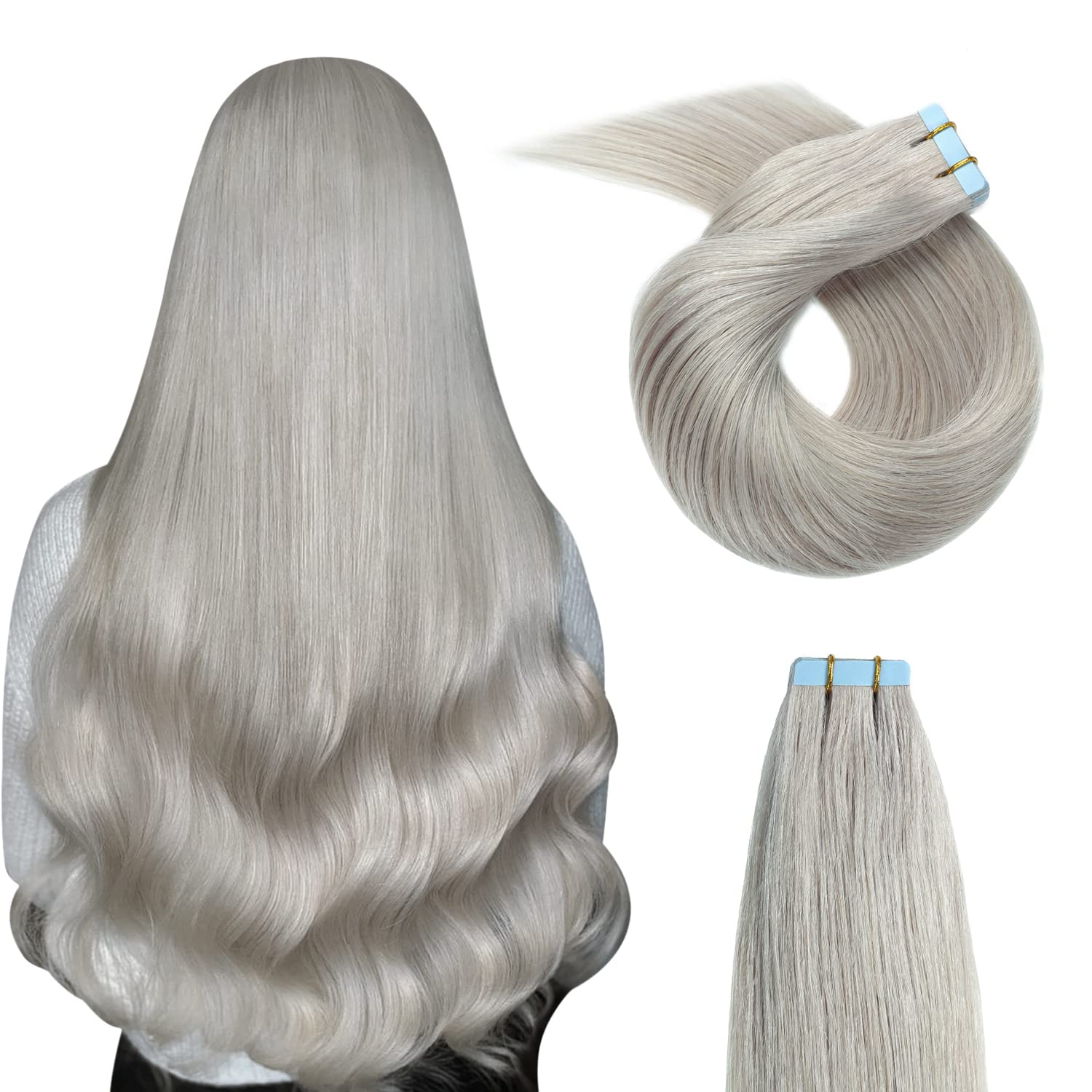 YILITE 20Pieces/Pack  Silver Tape in Hair Extensions Human Hair 12inch-24inch Tape in Hman Hair extensions Remy Hair Grey Tape in Hair Extensions
