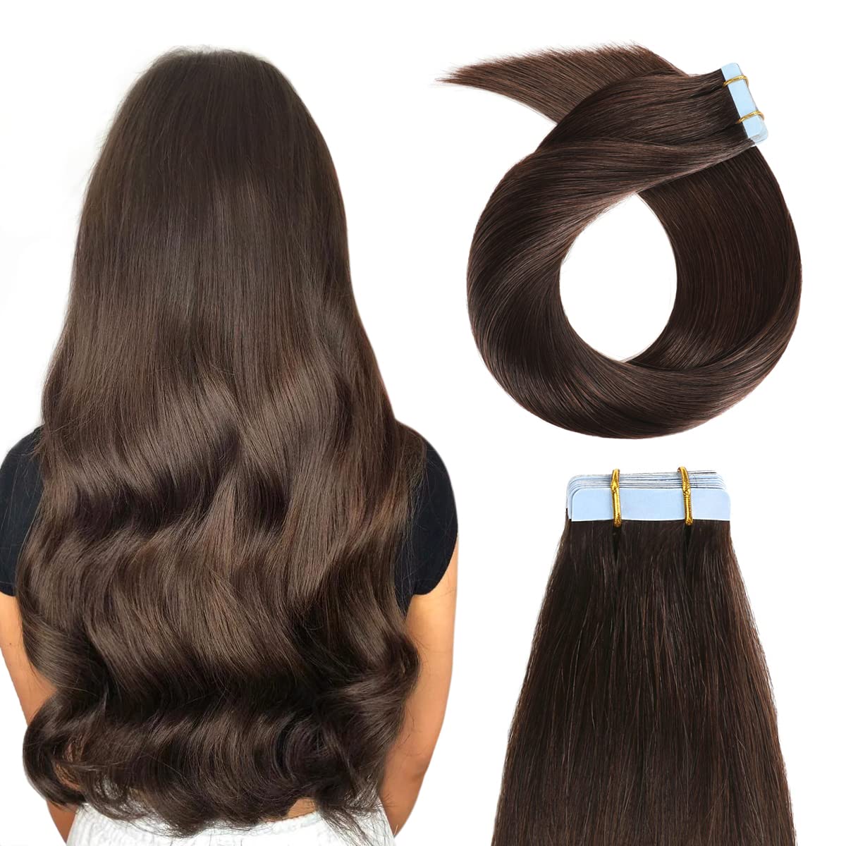 YILITE Tape in Hair Extensions Human Hair 14inch-20 inch 50g 20pcs Silky Straight Remy Hair Extensions Tape in #2 Darkest Brown Color 