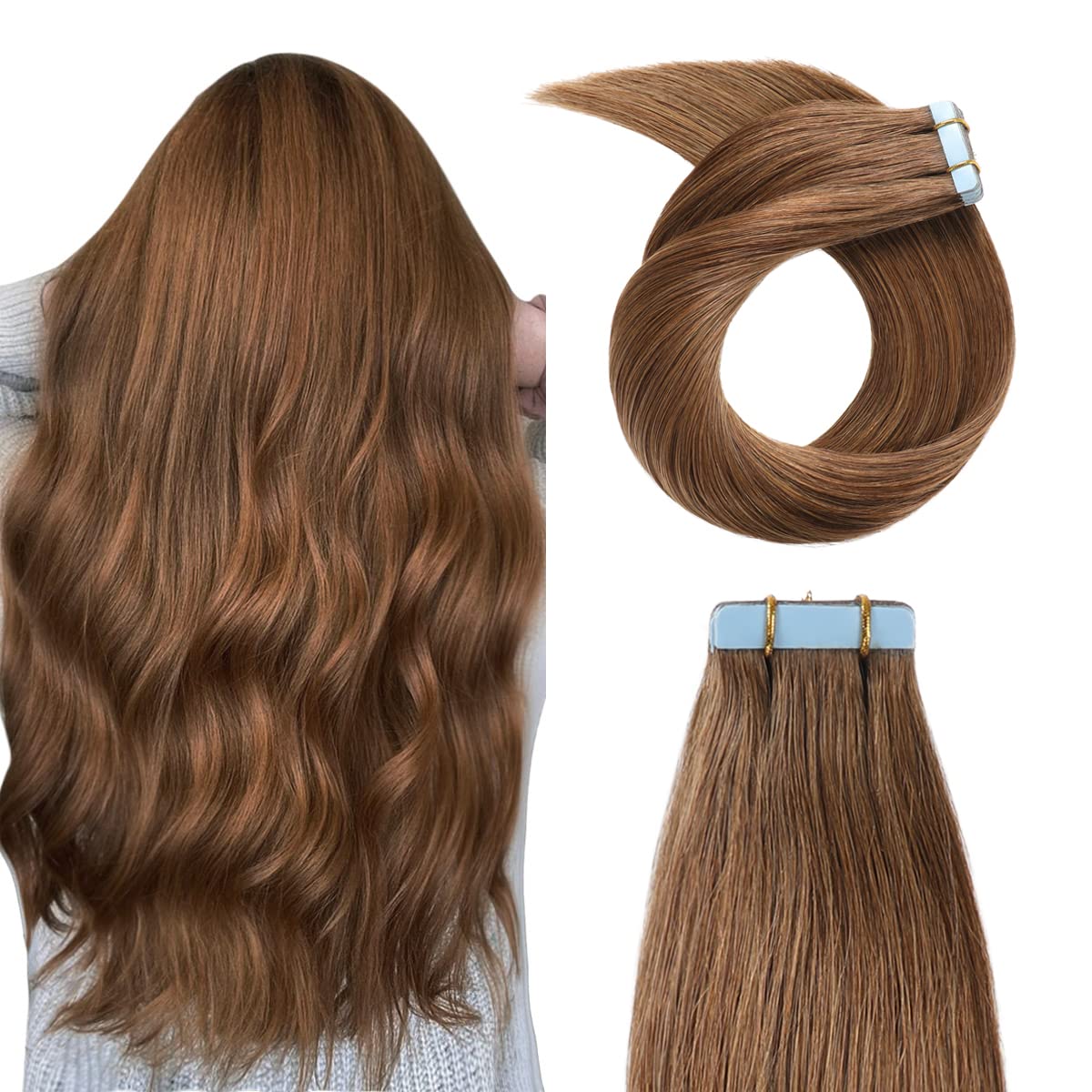 YILITE Tape in Human Hair Extensions 12 inch - 24 inch 20pcs 50g Silky Straight Human Hair Extensions Tape in #6 Chestnut Brown Real Human Hair