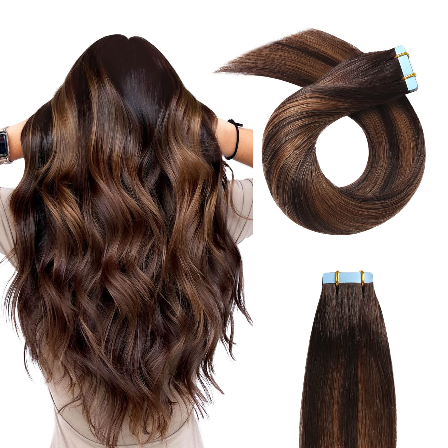 YILITE Tape in Hair Extensions Human Hair 12inch - 24 inch #2-6-2 20pcs 50Gram Balayage Darkest Brown Roots Fading to Dark Brown and Chestnut Brown Tape in Hair Extensions Remy Human Hair