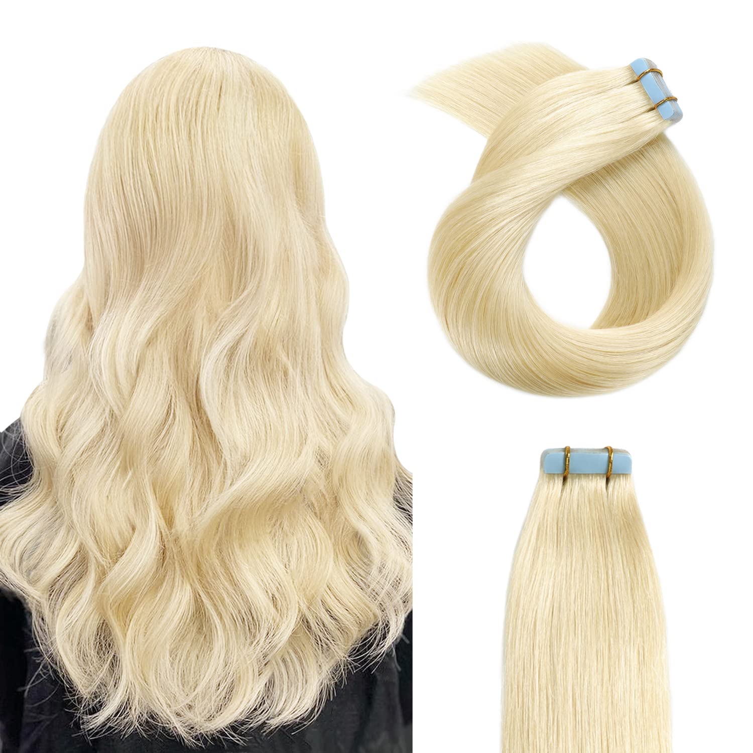 YILITE Tape in Hair Extension Platinum Blonde Color 60 Brazilian Remy Human Hair Tape ins 12 inch - 20 Inch Seamless Pu Tape in Hair 50g 20 Pcs Salon Quality Soft Human Hair