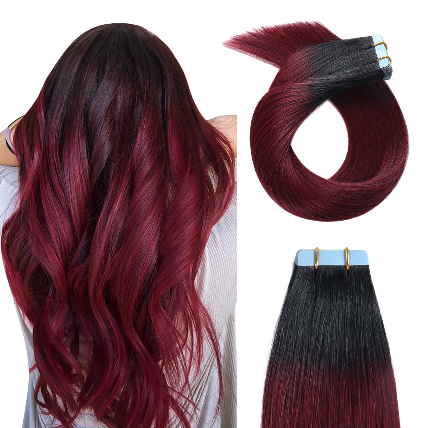 Burgundy Hair Extensions, Human Hair Tape in Hair Extensions Balayage 12Inch-24inch Black Rooted Hair Extensions Tape ins #1 Jet Black to #99J Wine Red Seamless Skin Weft Extensions 20pcs 50g by YILITE