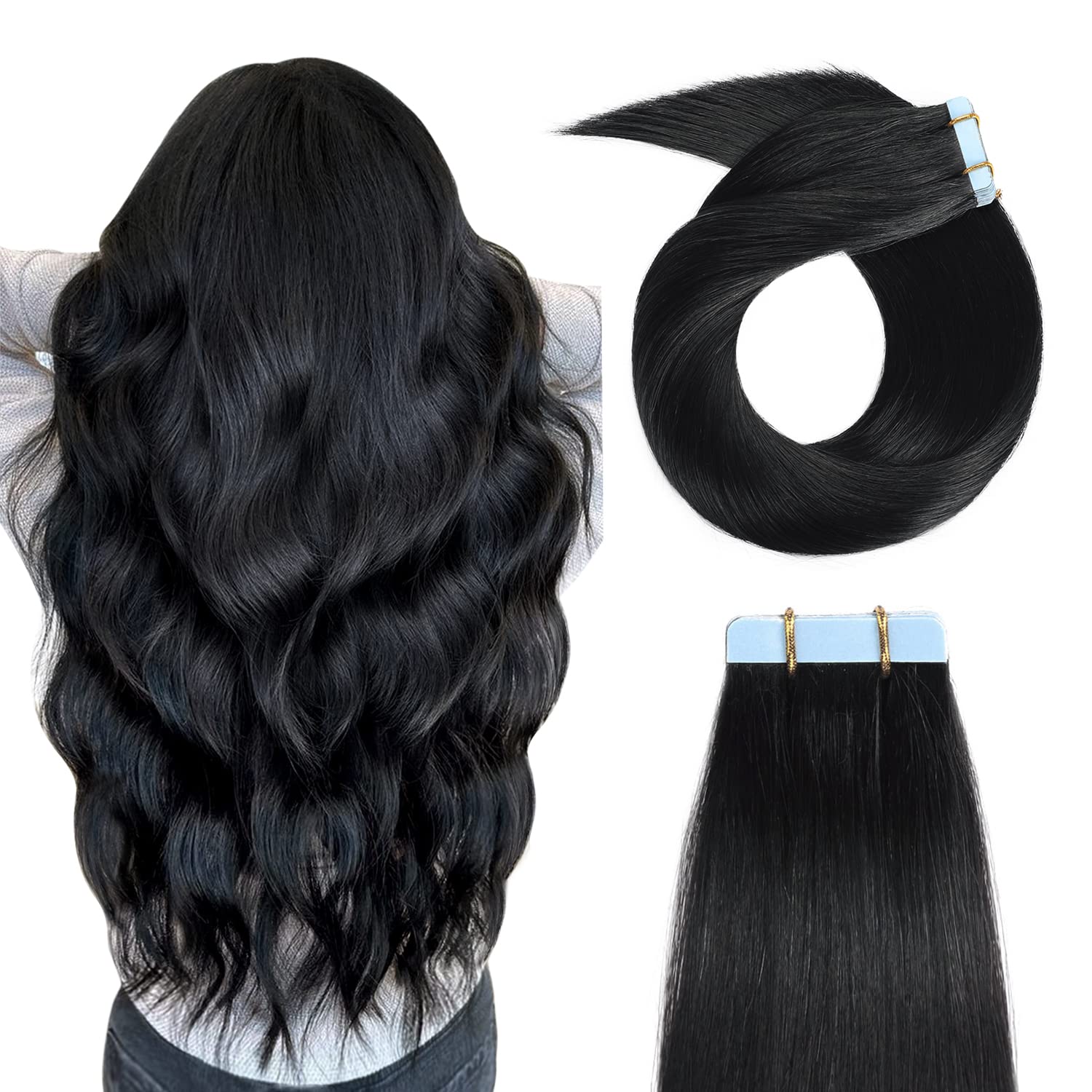 YILITE Tape in Hair Extensions Human Hair 14inch-24inch #1 Jet Black Tape in Hair Extensions Silky Straight Tape in Hair Extensions Human Hair Black Women 20pcs 50g Tape in ExtensionsHuman Hair